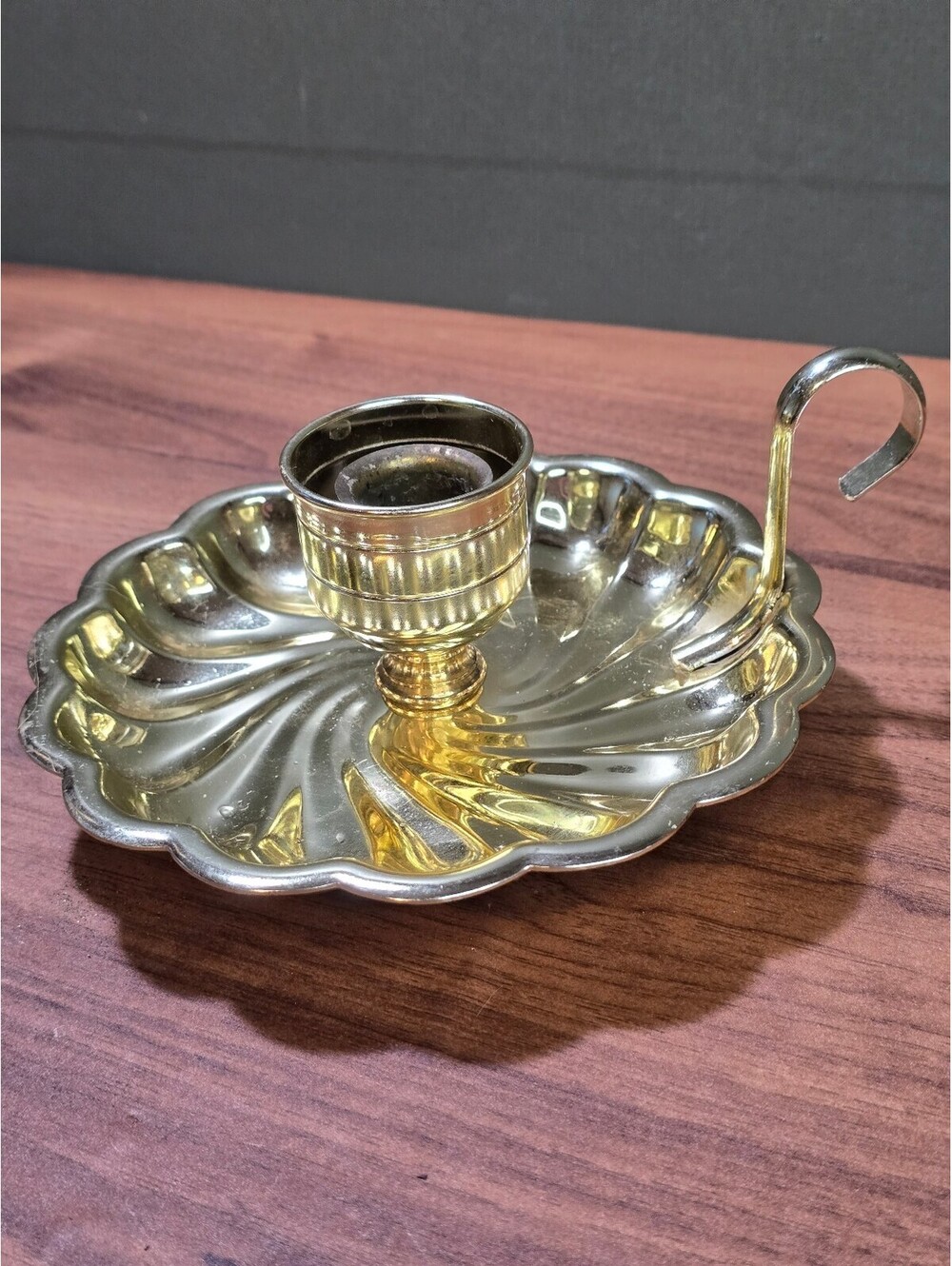 Vintage Gold Plated Chamberstick Retro 3.5" Swirled Metal Finger Loop